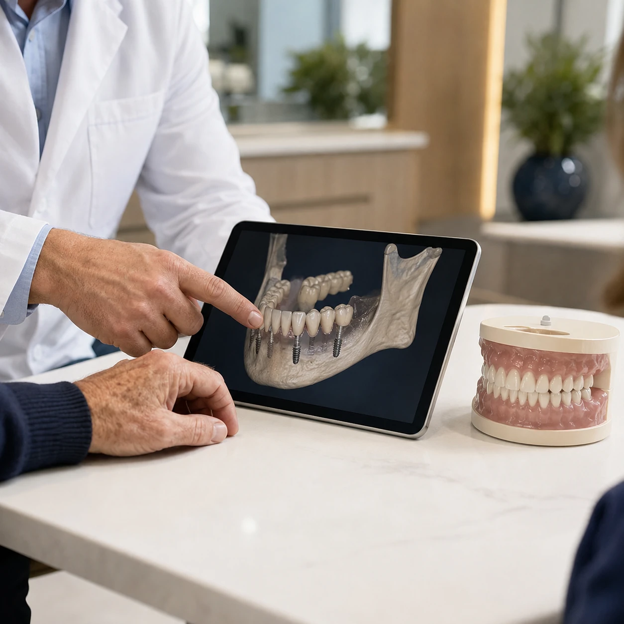 Dr. Dbouk showing a patient an implant plan on a tablet during a consultation