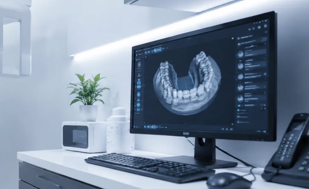 Futuristic image of a tooth interacting with dental technology at Edmonds Implant Center in Edmonds Washington.